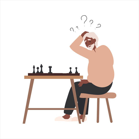 کاریکاتور یک فرد میانسال که روی میز است و مهره های شطرنج در مقابلش قرار گرفته